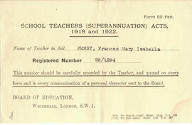 School teachers (Superannuation) Acts 1918 and 1922. Form 60 pen. Fenby, Frances Mary Isabella.