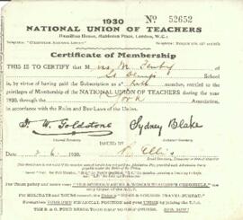 National Union of Teachers, Certificate of Membership, dated 2 June 1930.